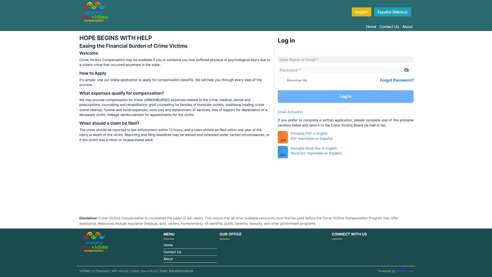 VCPMS login portal showing the professional, accessible landing page