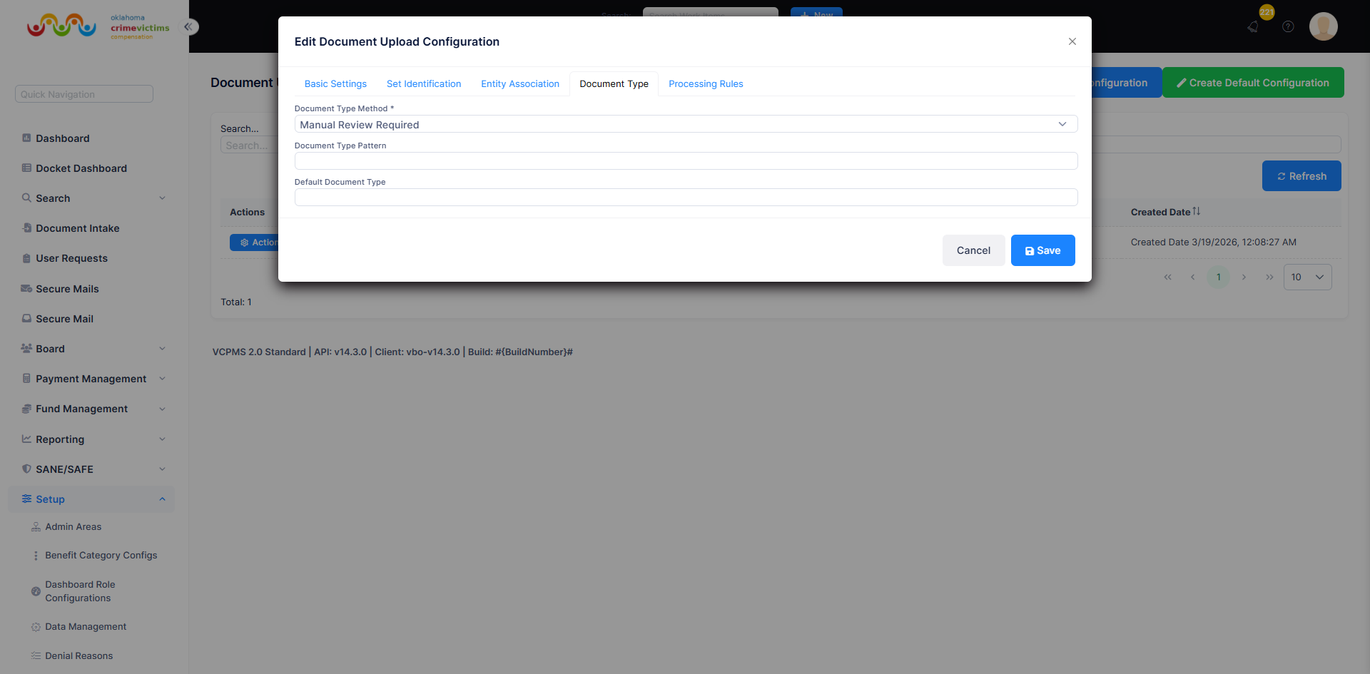 Document Type tab showing classification method dropdown, pattern, and default type fields
