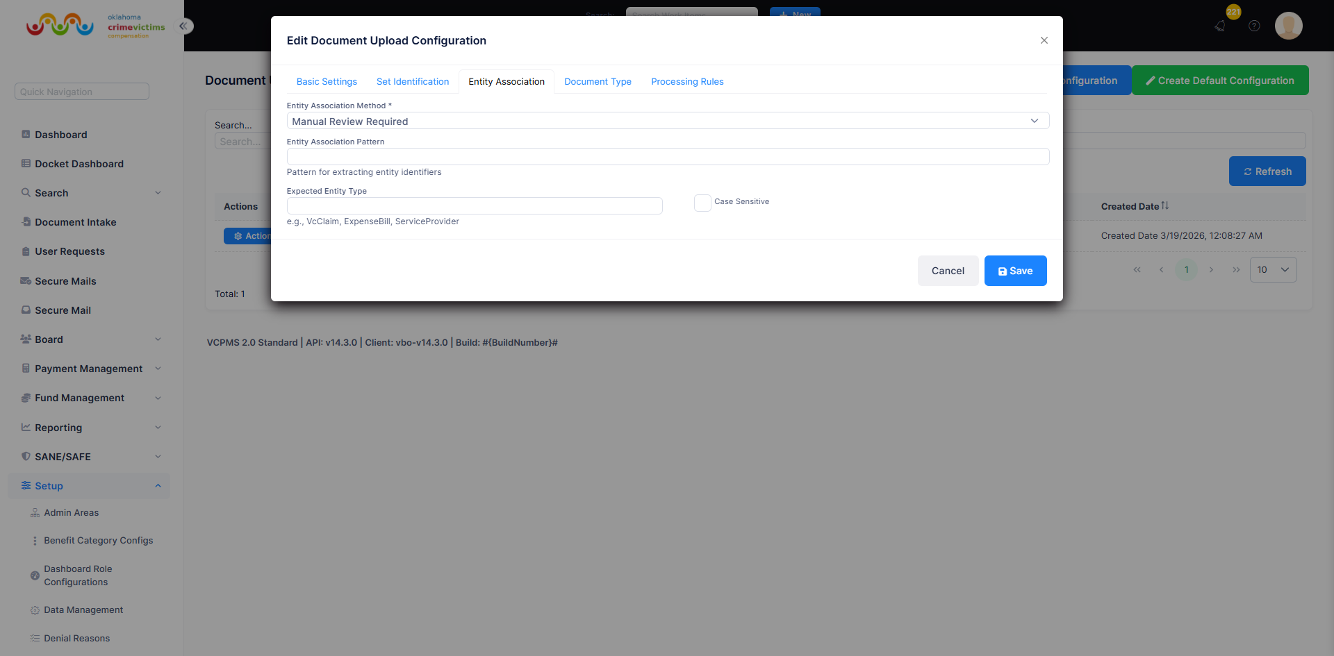 Entity Association tab showing method dropdown, pattern, expected entity type, and case sensitive fields