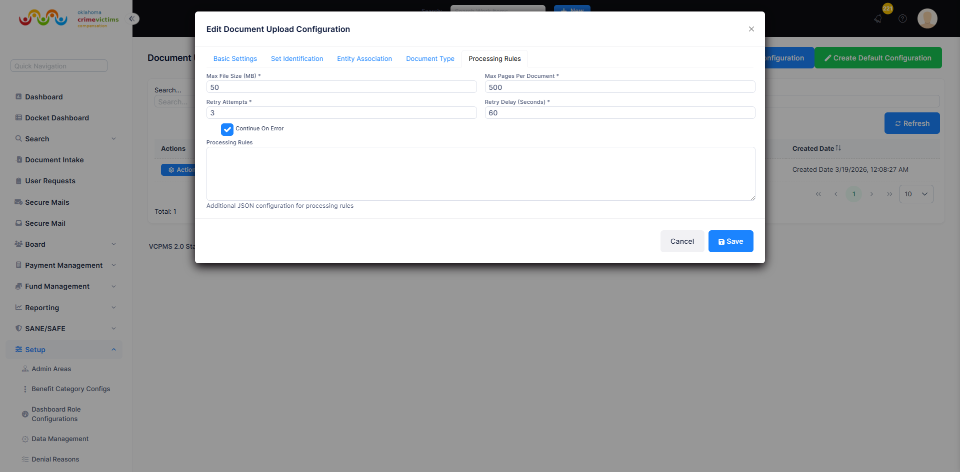 Processing Rules tab showing file size limits, retry settings, continue on error, and custom rules