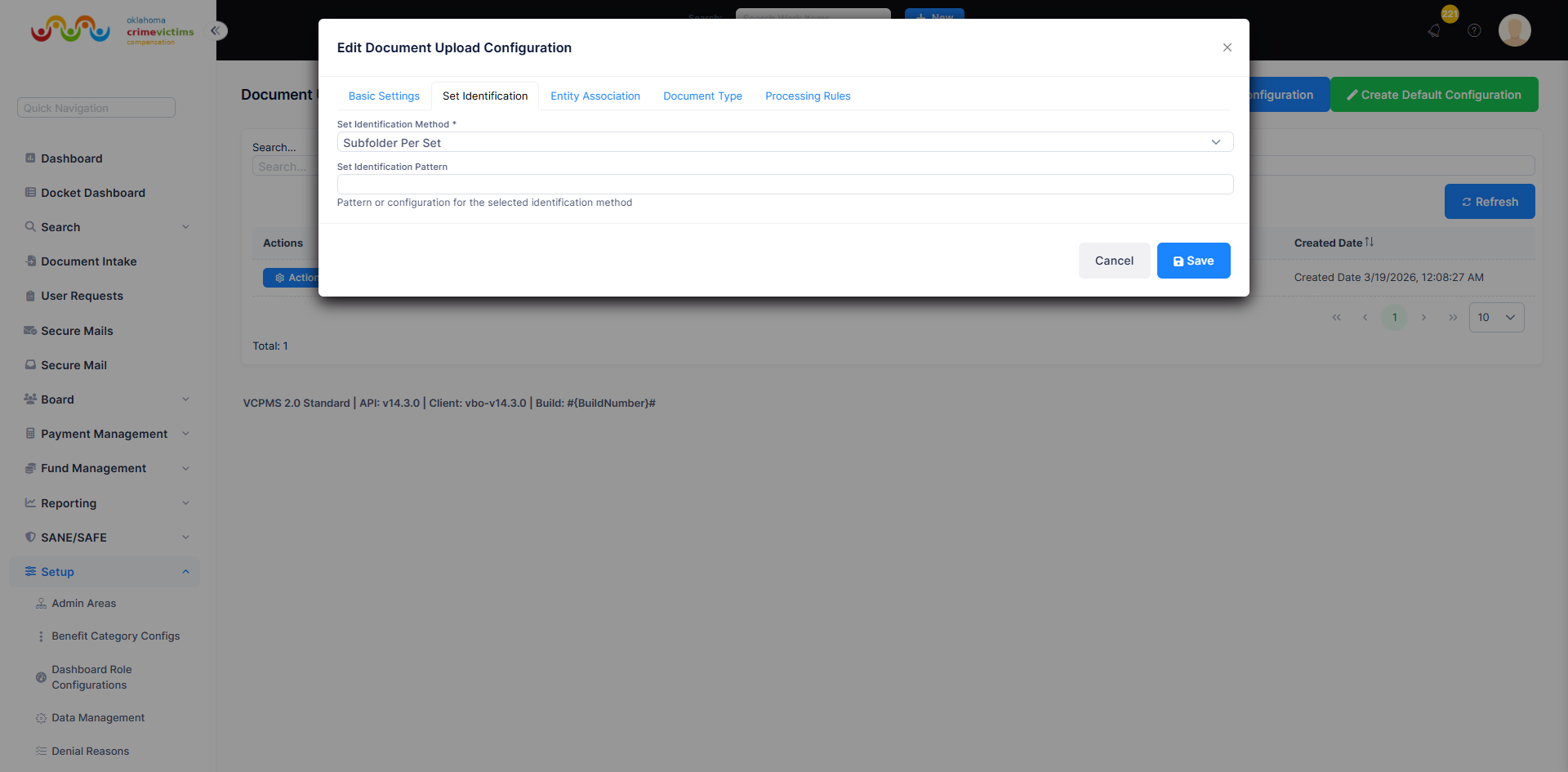 Set Identification tab showing method dropdown and pattern field