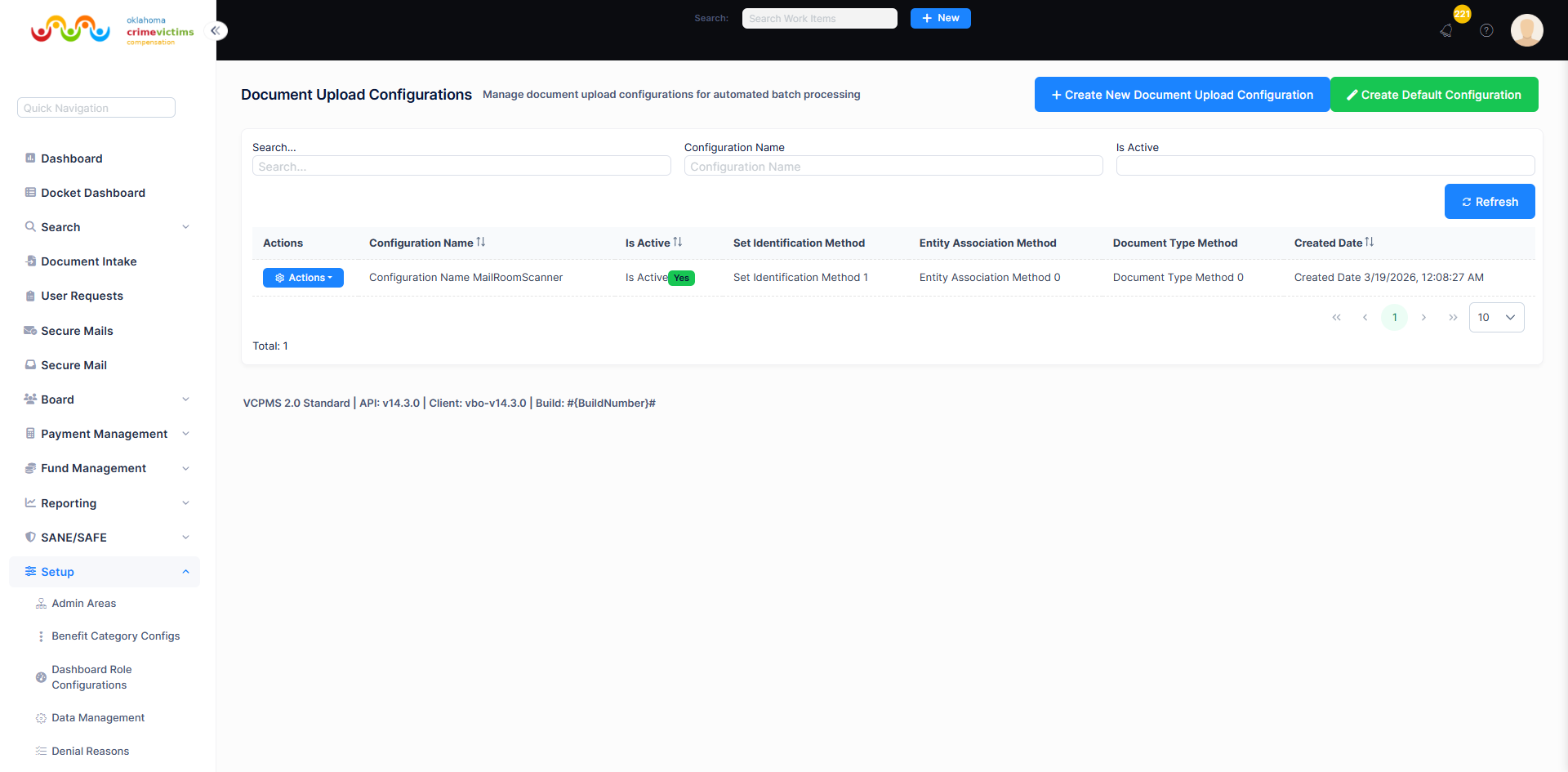 Document Upload Configuration list showing configurations with set identification, entity association, and document type methods