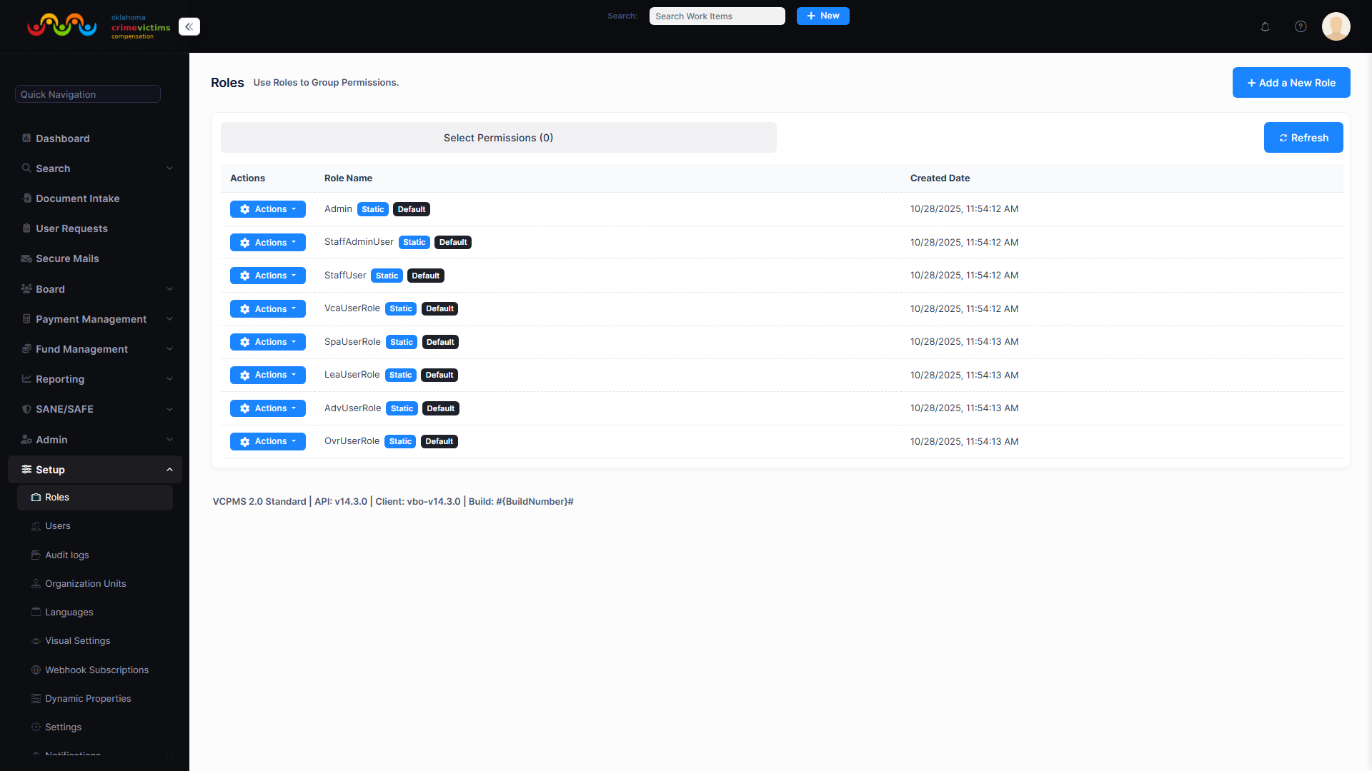 Role Permission Matrix showing checkboxes for Add/Update/View/Delete/Search across all pages and features