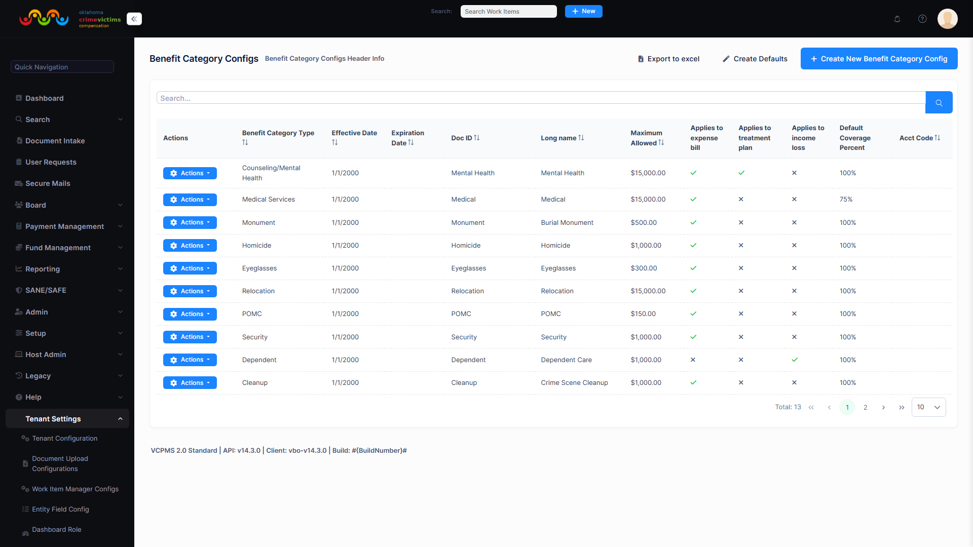 Benefit Category Configuration showing categories, maximum amounts, eligibility rules, and waiver level settings