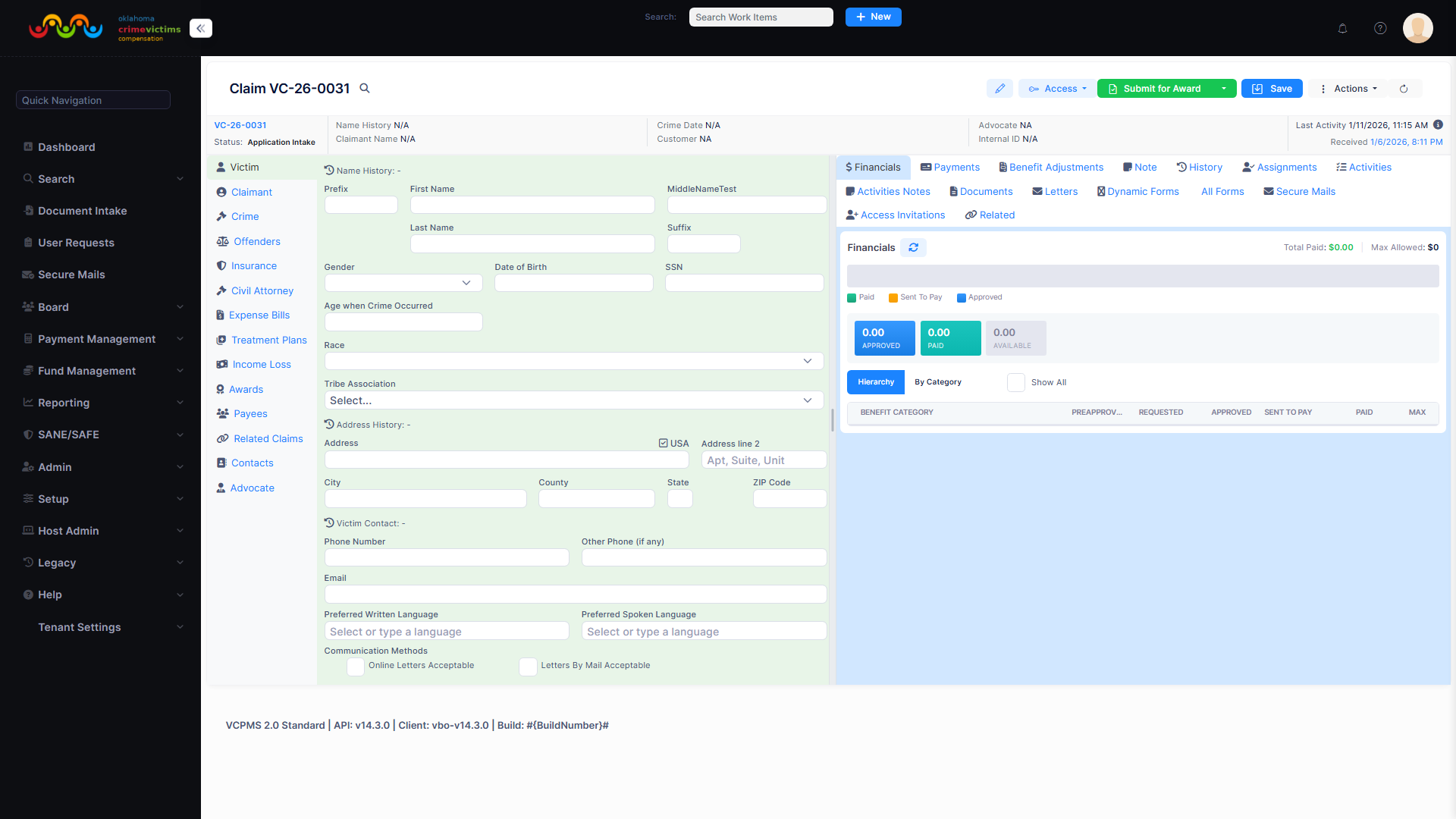 VC Claim detail view showing claim status, awards, payments, and document tabs as seen from the back office
