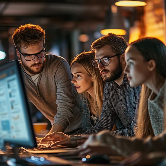 Team of professionals reviewing program dashboards on computer screens in an office