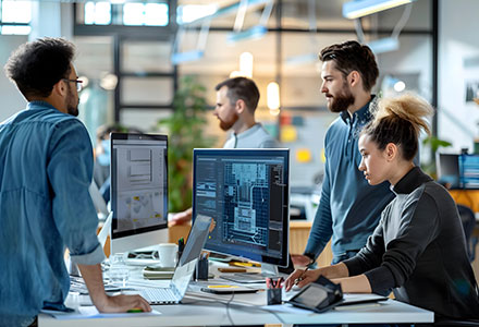 Program staff collaborating across dual monitors in a modern workspace